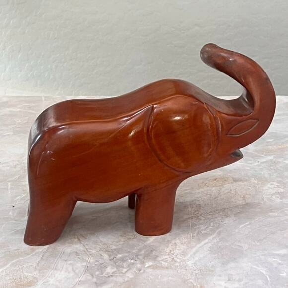 Hand Carved Wooden Elephant Figurine Solid Wood Raised Trunk Figure MCM - Picture 6 of 14